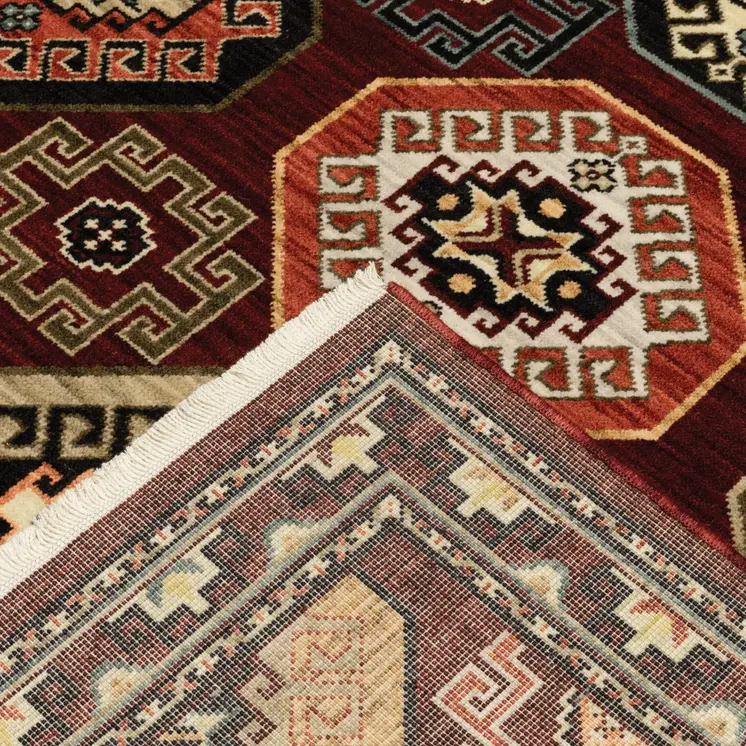 2' X 3' Red Blue Brown And Beige Oriental Power Loom Stain Resistant Area Rug With Fringe