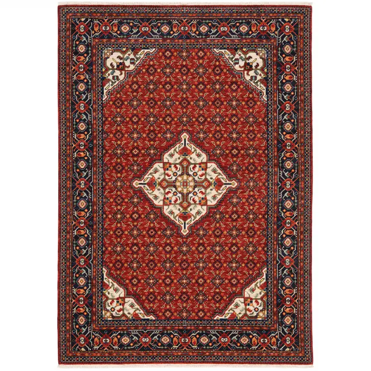 6' X 9' Red Blue Ivory And Orange Oriental Power Loom Stain Resistant Area Rug With Fringe