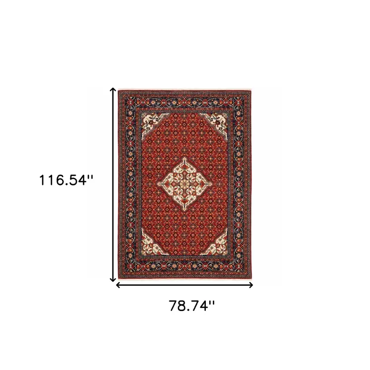 6' X 9' Red Blue Ivory And Orange Oriental Power Loom Stain Resistant Area Rug With Fringe