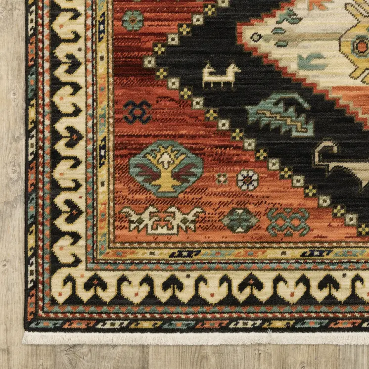 2' X 3' Charcoal Brown Orange Salmon Gold Navy Ivory And Pale Blue Oriental Power Loom Stain Resistant Area Rug With Fringe