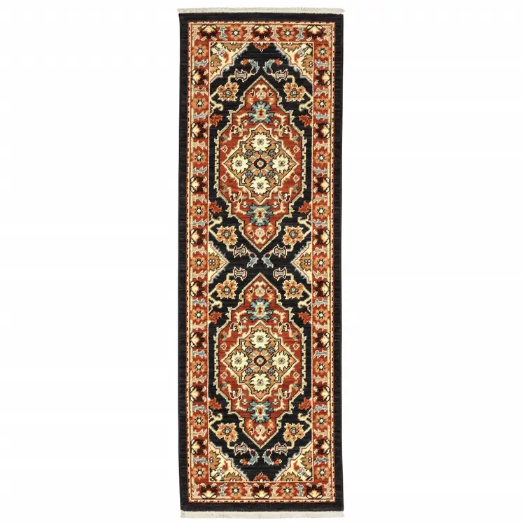 2' X 6' Black Orange And Beige Oriental Power Loom Stain Resistant Runner Rug With Fringe