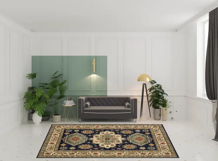 8' X 11' Navy Charcoal Orange Rust Gold Pale Blue Olive Beige And Salmon Oriental Power Loom Stain Resistant Area Rug With Fringe