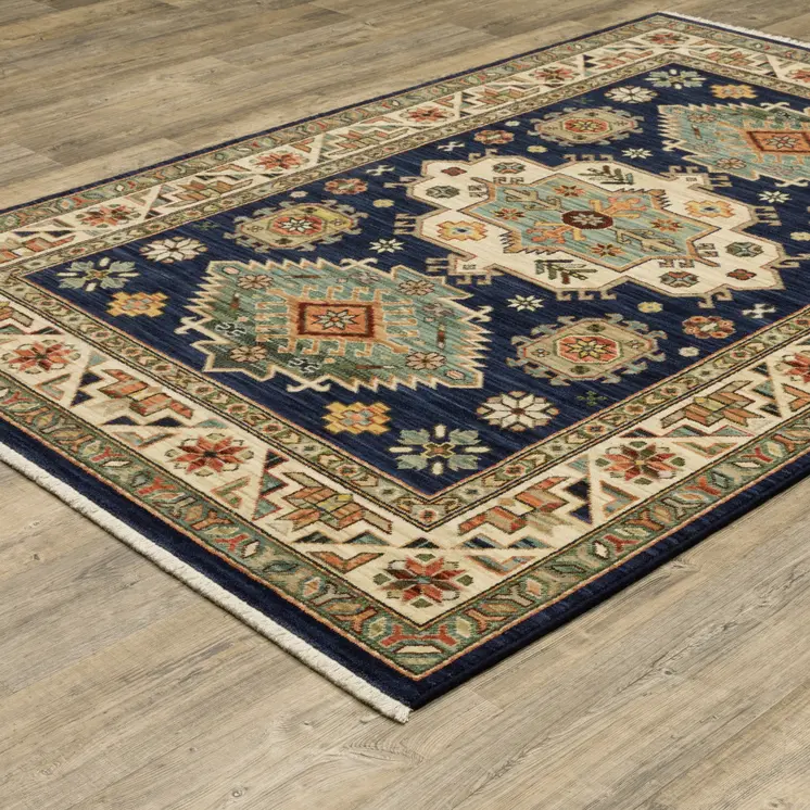 8' X 11' Navy Charcoal Orange Rust Gold Pale Blue Olive Beige And Salmon Oriental Power Loom Stain Resistant Area Rug With Fringe