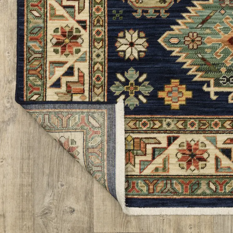 8' X 11' Navy Charcoal Orange Rust Gold Pale Blue Olive Beige And Salmon Oriental Power Loom Stain Resistant Area Rug With Fringe