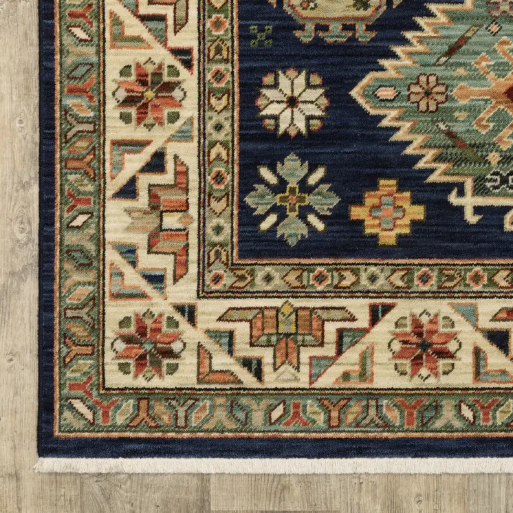 8' X 11' Navy Charcoal Orange Rust Gold Pale Blue Olive Beige And Salmon Oriental Power Loom Stain Resistant Area Rug With Fringe