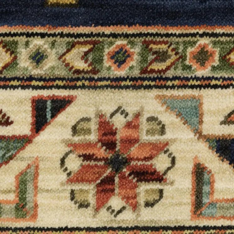 8' X 11' Navy Charcoal Orange Rust Gold Pale Blue Olive Beige And Salmon Oriental Power Loom Stain Resistant Area Rug With Fringe