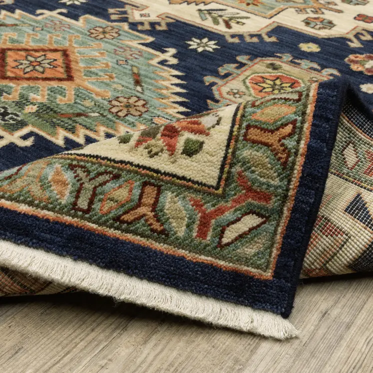 8' X 11' Navy Charcoal Orange Rust Gold Pale Blue Olive Beige And Salmon Oriental Power Loom Stain Resistant Area Rug With Fringe