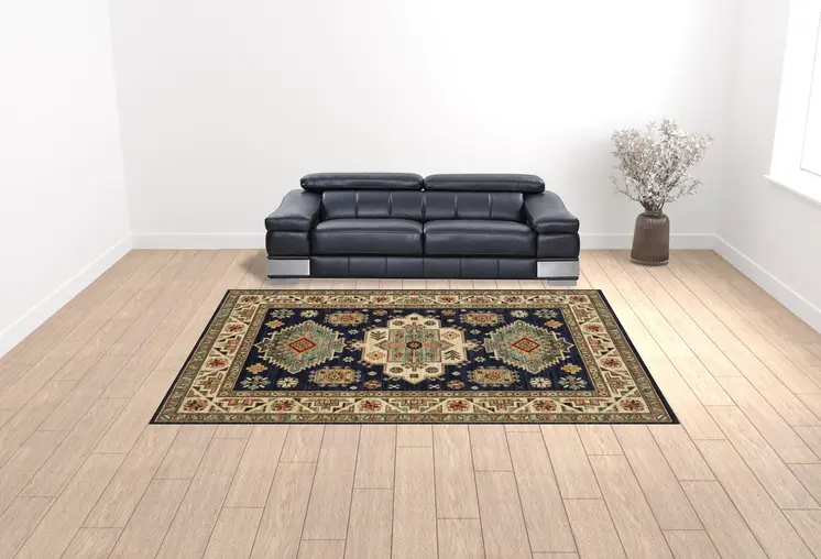 10' X 13' Navy Charcoal Orange Rust Gold Pale Blue Olive Beige And Salmon Oriental Power Loom Stain Resistant Area Rug With Fringe