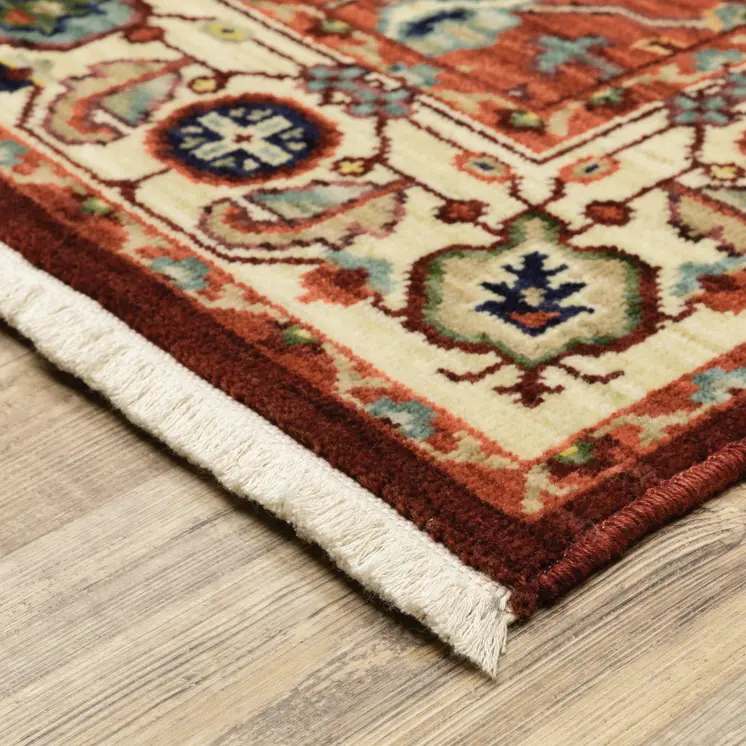 2' X 6' Red Ivory Orange And Blue Oriental Power Loom Stain Resistant Runner Rug With Fringe