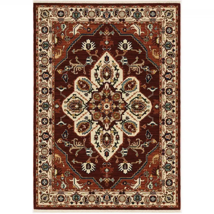 8' X 11' Red And Ivory Oriental Area Rug With Fringe