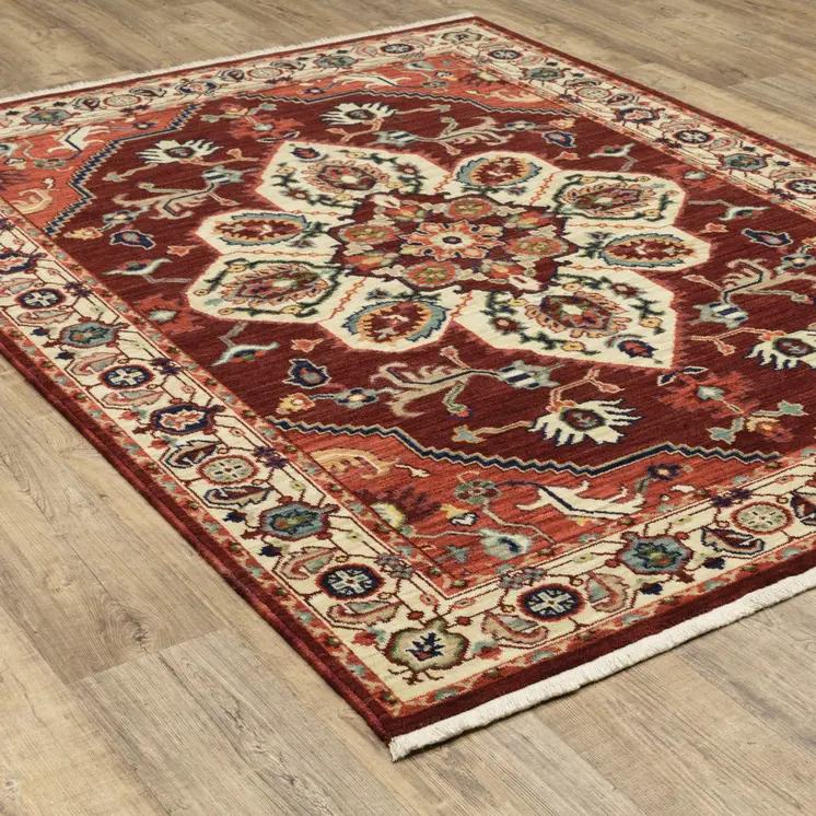 8' X 11' Red And Ivory Oriental Area Rug With Fringe