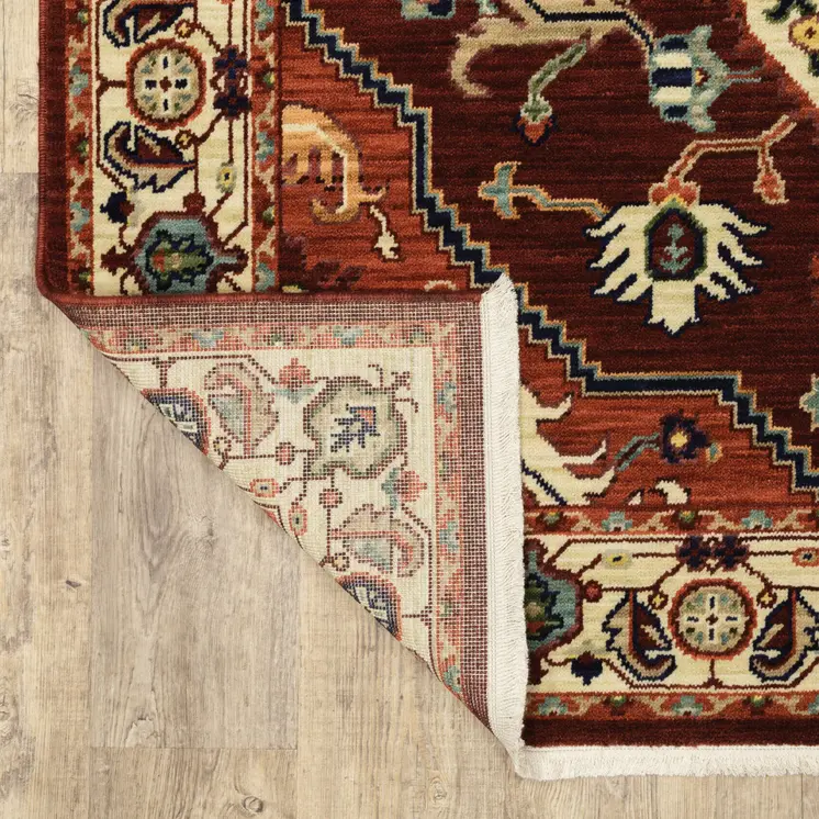 8' X 11' Red And Ivory Oriental Area Rug With Fringe