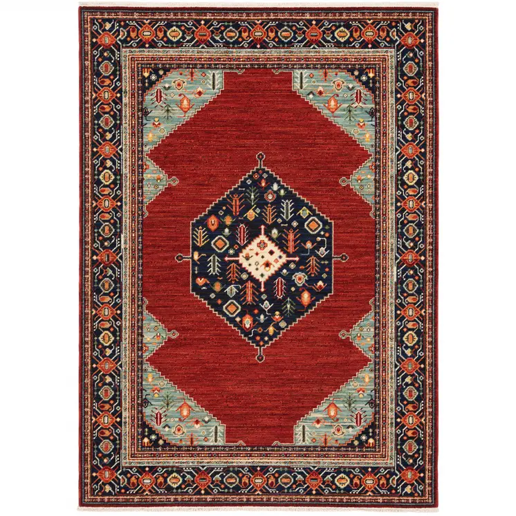 8' X 11' Red Blue Orange And Ivory Oriental Power Loom Stain Resistant Area Rug With Fringe
