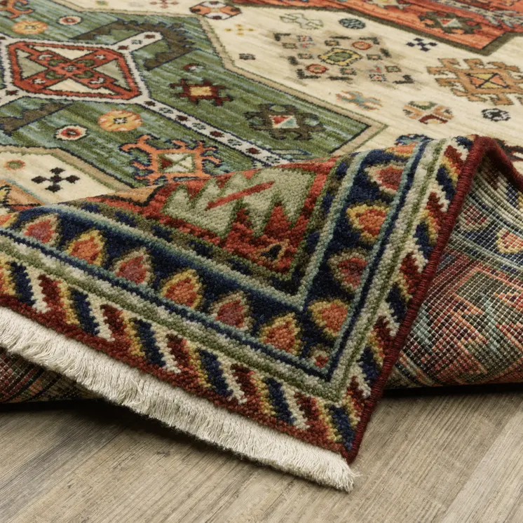 2' X 3' Brick Red Orange Rust Beige Gold Pale Blue Olive Navy And Black Oriental Power Loom Stain Resistant Area Rug With Fringe