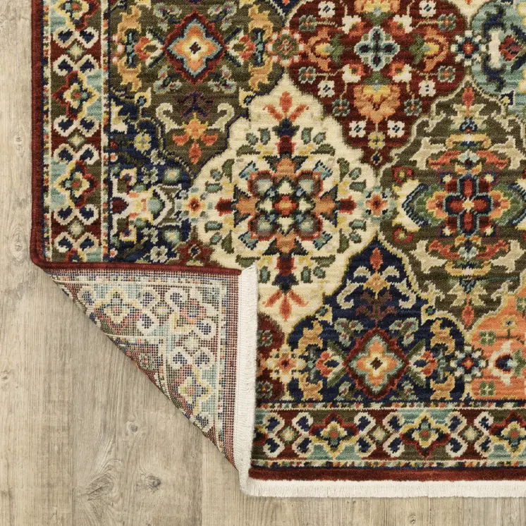 8' X 11' Red Rust Navy Light Blue Brown Orange Ivory And Gold Oriental Power Loom Stain Resistant Area Rug With Fringe