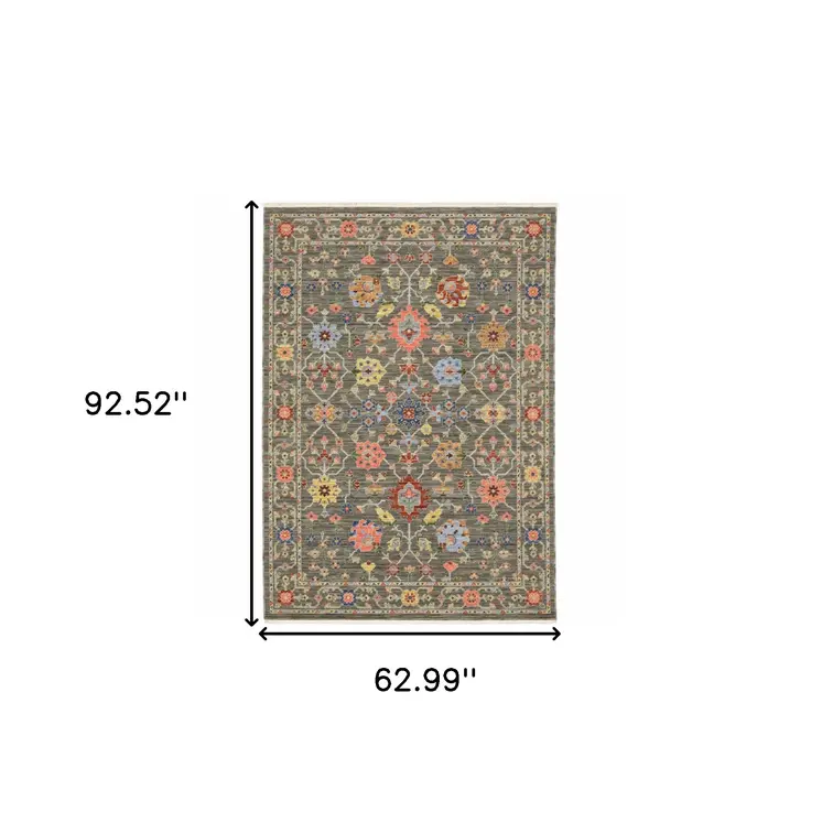 5' X 8' Gray Blue And Orange Oriental Area Rug With Fringe