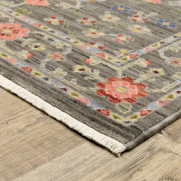 5' X 8' Gray Blue And Orange Oriental Area Rug With Fringe