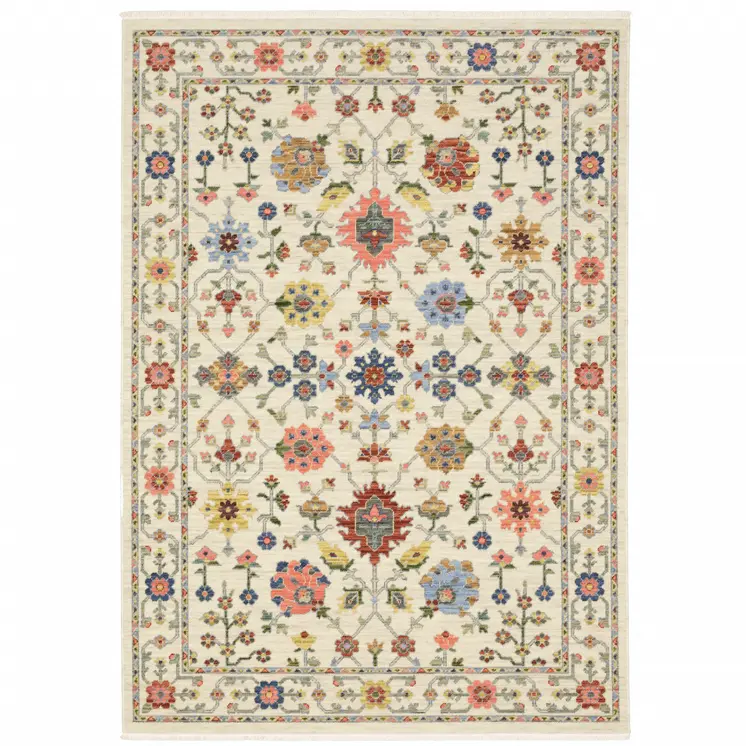 3' X 5' Ivory Salmon Pink Gold Blues Grey Rust And Green Oriental Power Loom Stain Resistant Area Rug With Fringe