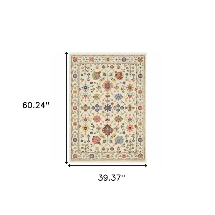 3' X 5' Ivory Salmon Pink Gold Blues Grey Rust And Green Oriental Power Loom Stain Resistant Area Rug With Fringe