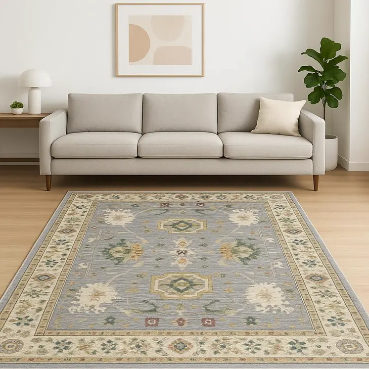 6' X 9' Grey Ivory Orange Teal Green Charcoal Blue And Red Oriental Power Loom Stain Resistant Area Rug With Fringe
