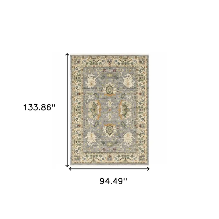 8' X 11' Grey Ivory Orange Teal Green Charcoal Blue And Red Oriental Power Loom Stain Resistant Area Rug With Fringe