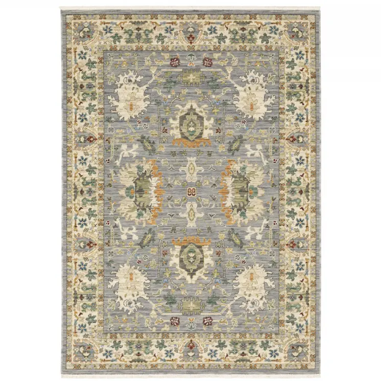 10' X 13' Grey Ivory Orange Teal Green Charcoal Blue And Red Oriental Power Loom Stain Resistant Area Rug With Fringe