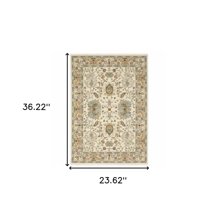 2' X 3' Gray And Ivory Oriental Power Loom Area Rug With Fringe