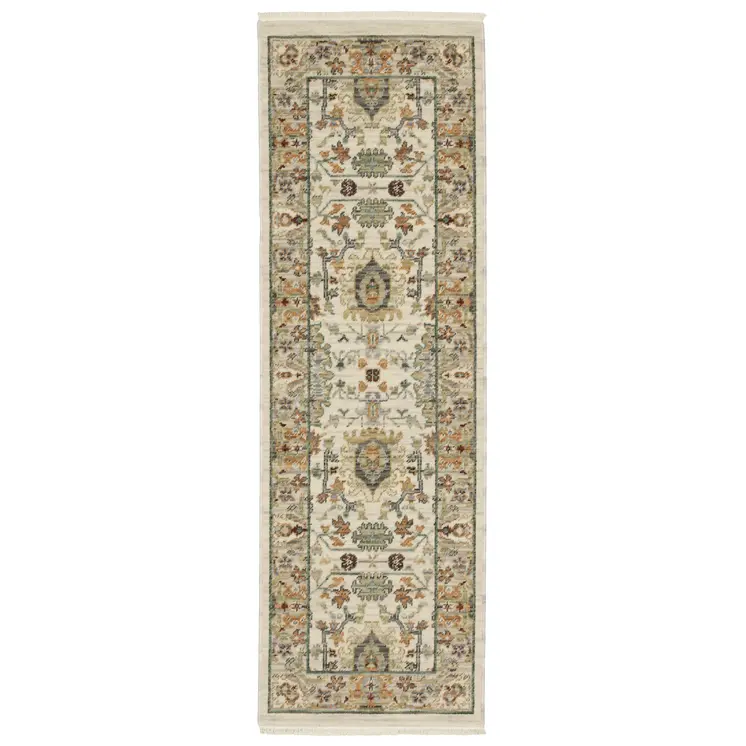 2' X 6' Ivory Grey Orange Green Blue And Red Oriental Power Loom Stain Resistant Runner Rug With Fringe