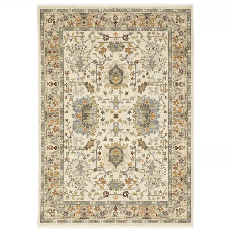 5' X 8' Brown And Ivory Oriental Power Loom Stain Resistant Area Rug With Fringe