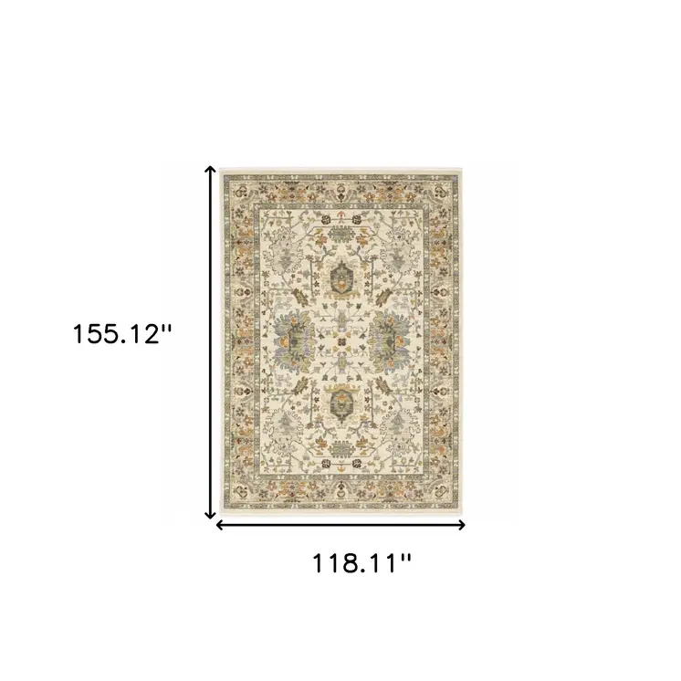 10' X 13' Ivory Oriental Power Loom Stain Resistant Area Rug With Fringe