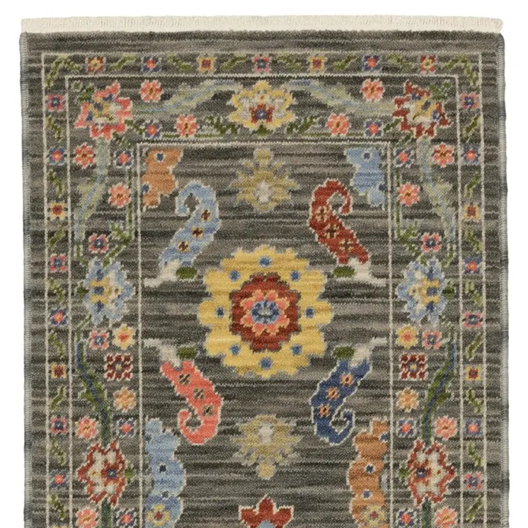 2' X 6' Grey Blue Pink Orange Rust Red Green And Ivory Oriental Power Loom Stain Resistant Runner Rug With Fringe