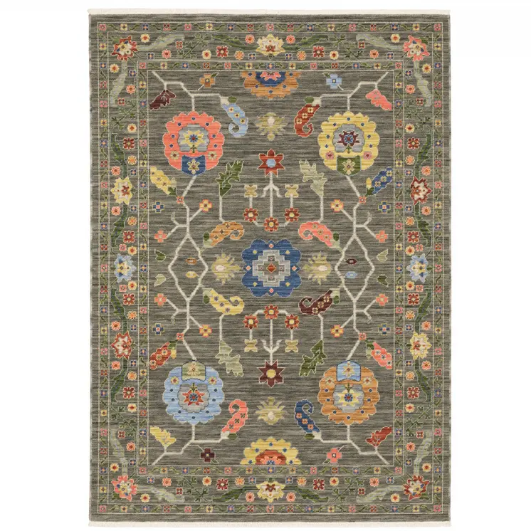 10' X 13' Gray Blue And Red Oriental Area Rug With Fringe