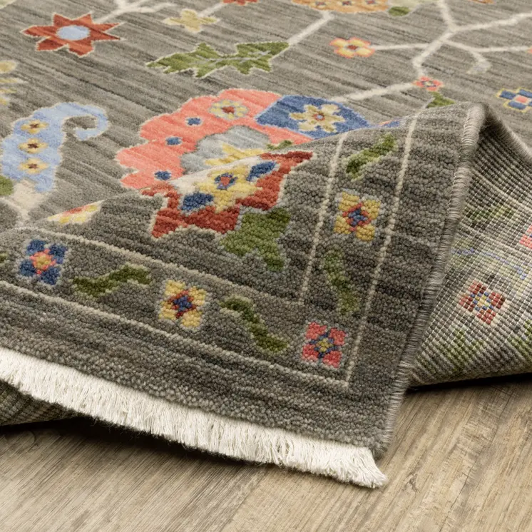 10' X 13' Gray Blue And Red Oriental Area Rug With Fringe