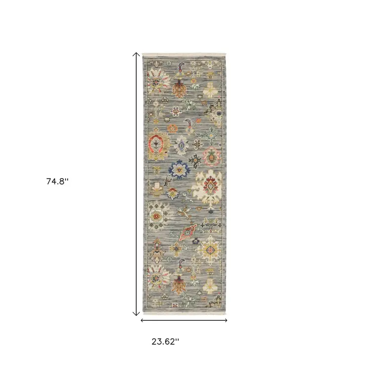 2' X 6' Grey Ivory Gold Salmon Red Blue And Green Oriental Power Loom Stain Resistant Runner Rug With Fringe
