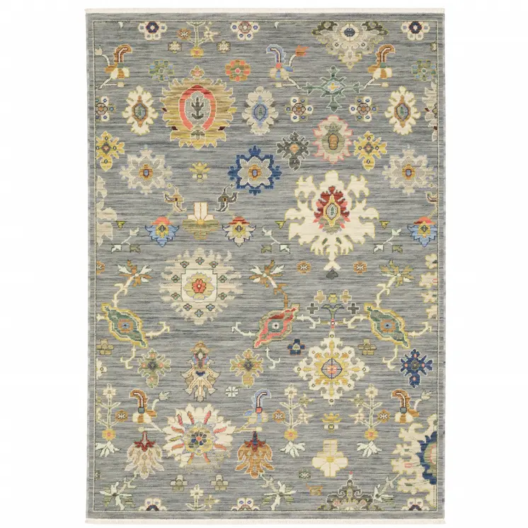 5' X 8' Gray Ivory And Blue Oriental Area Rug With Fringe