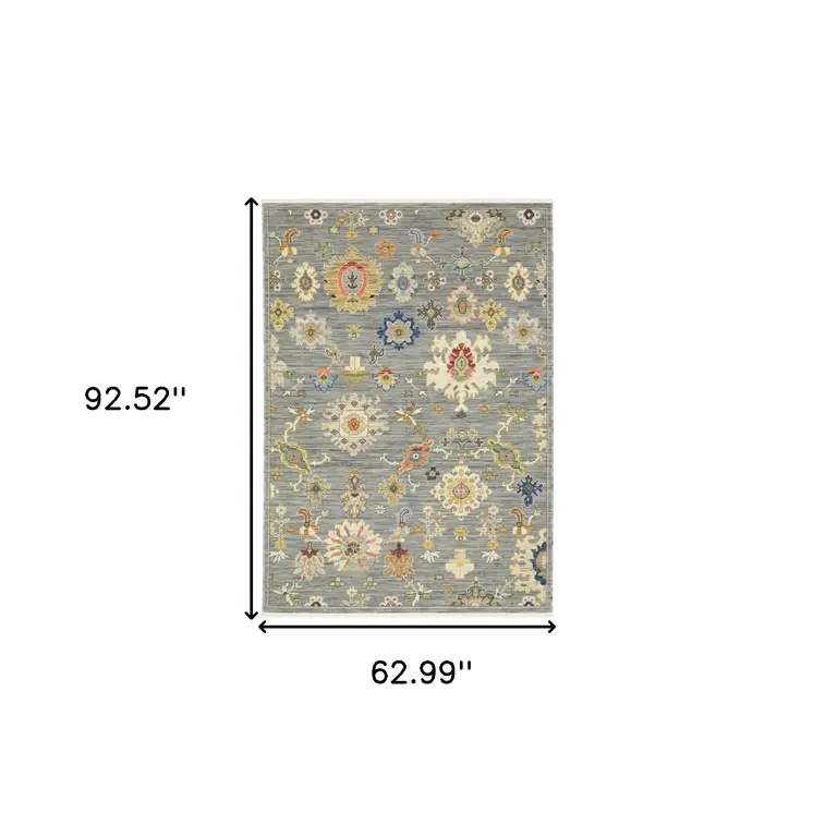 5' X 8' Gray Ivory And Blue Oriental Area Rug With Fringe