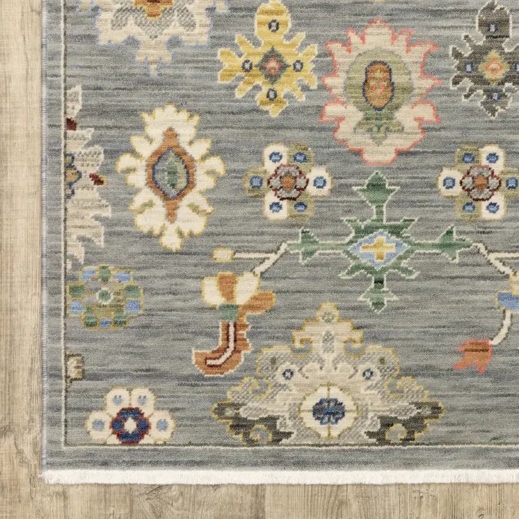 5' X 8' Gray Ivory And Blue Oriental Area Rug With Fringe