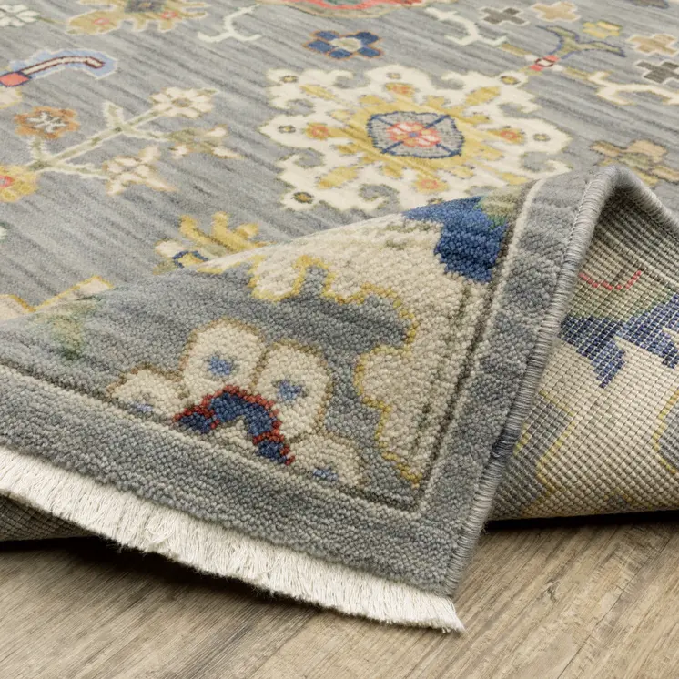 8' X 11' Gray Ivory And Blue Oriental Area Rug With Fringe