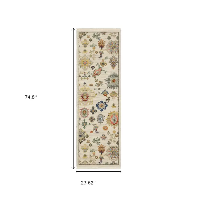 2' X 6' Ivory Beige Gold Grey Blue Pink Red Rust And Green Oriental Power Loom Stain Resistant Runner Rug With Fringe