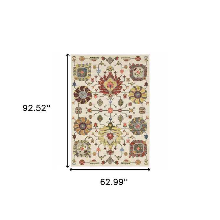 5' X 8' Ivory Blue And Red Oriental Area Rug With Fringe