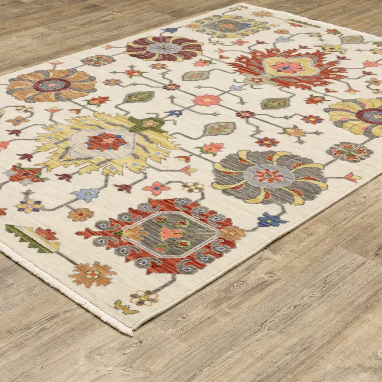 5' X 8' Ivory Blue And Red Oriental Area Rug With Fringe