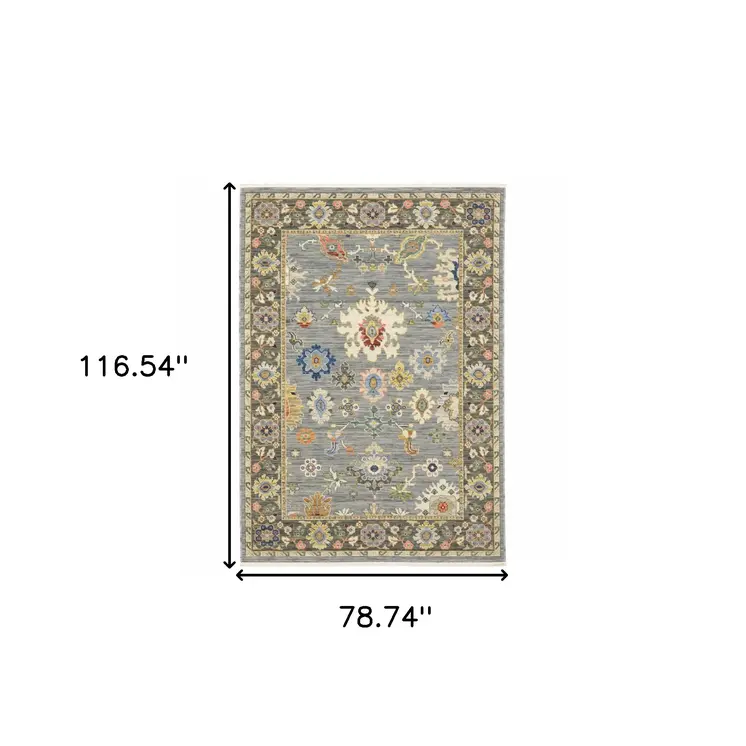 6' X 9' Blue Grey Gold Green Pink Orange Ivory And Red Oriental Power Loom Stain Resistant Area Rug With Fringe