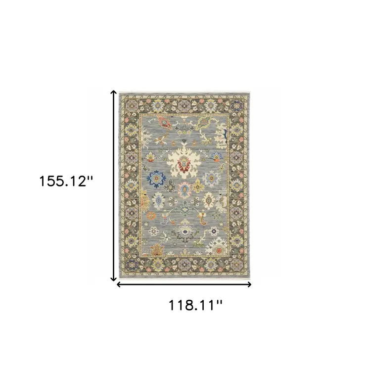 10' X 13' Blue Grey Gold Green Pink Orange Ivory And Red Oriental Power Loom Stain Resistant Area Rug With Fringe
