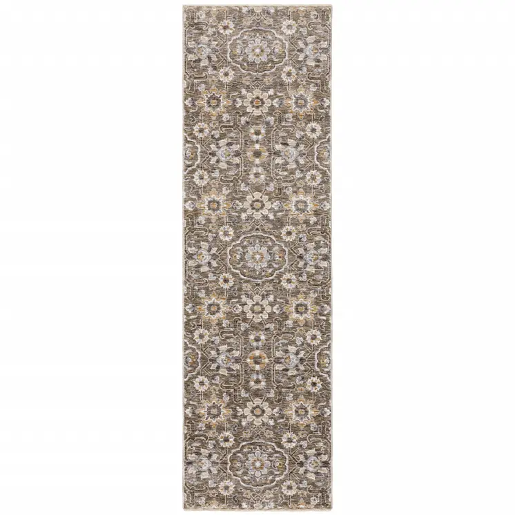 2' X 8' Grey And Tan Floral Power Loom Stain Resistant Runner Rug With Fringe