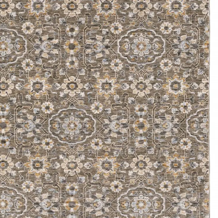 2' X 3' Grey And Tan Floral Power Loom Stain Resistant Area Rug With Fringe