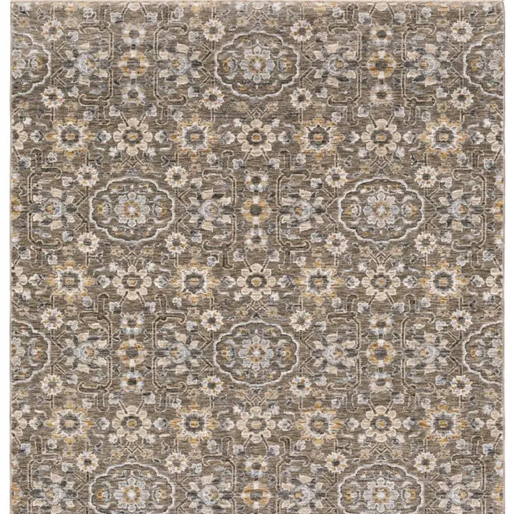 3' X 5' Grey And Tan Floral Power Loom Stain Resistant Area Rug With Fringe
