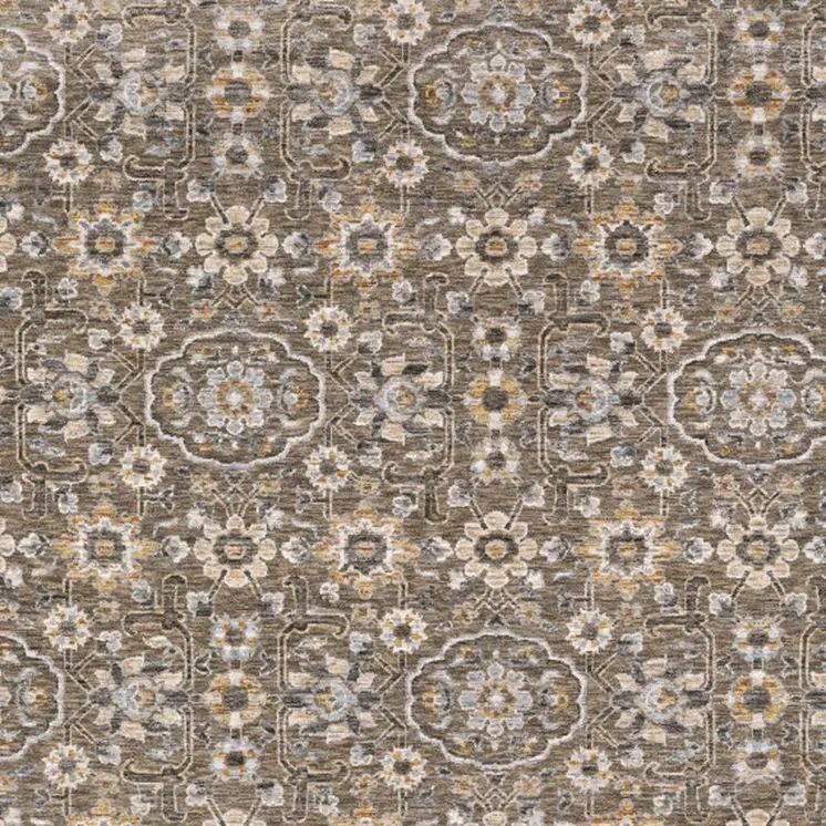 5' X 8' Grey And Tan Floral Power Loom Stain Resistant Area Rug With Fringe