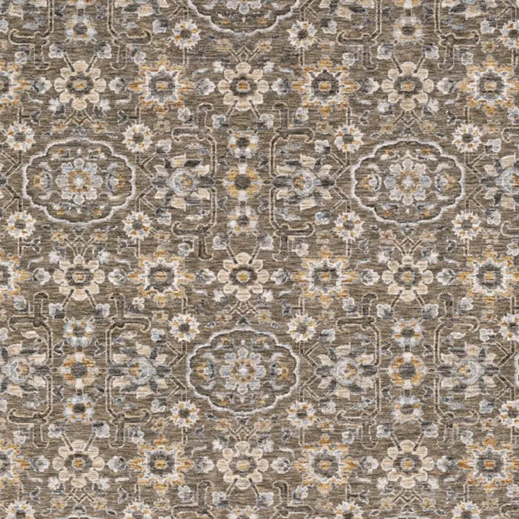 7' X 10' Gray And Gold Floral Area Rug With Fringe