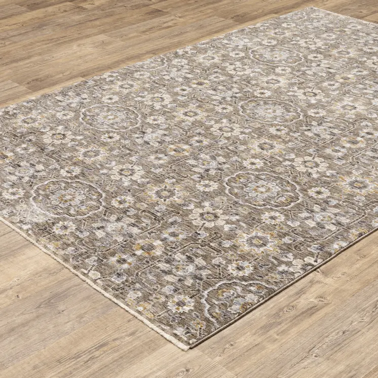 8' X 11' Gray Floral Power Loom Area Rug With Fringe