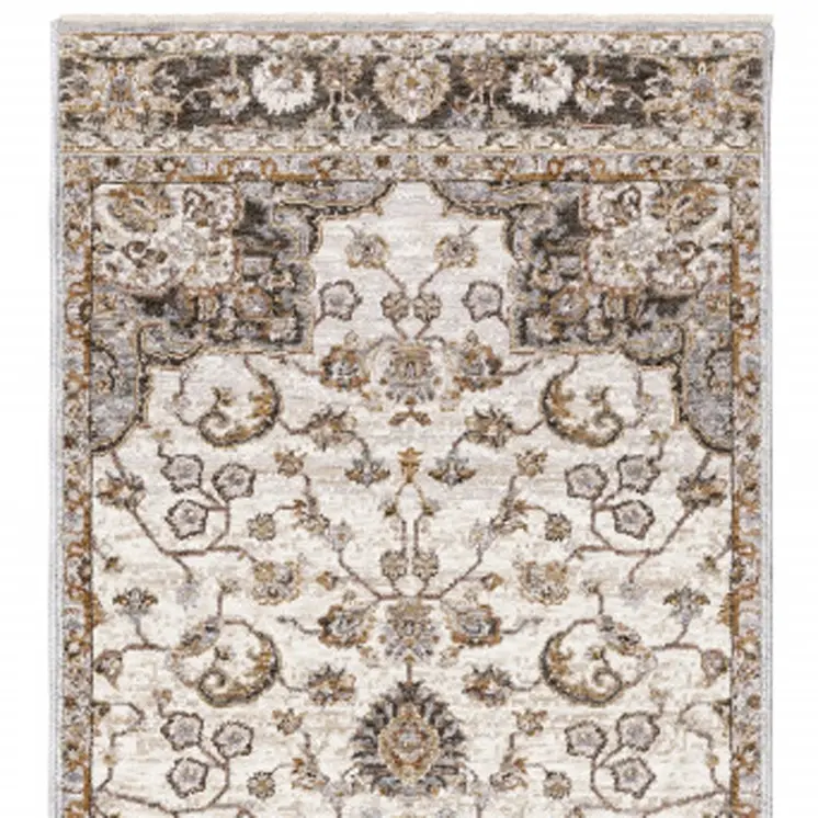 2' X 8' Ivory And Blue Oriental Power Loom Stain Resistant Runner Rug With Fringe